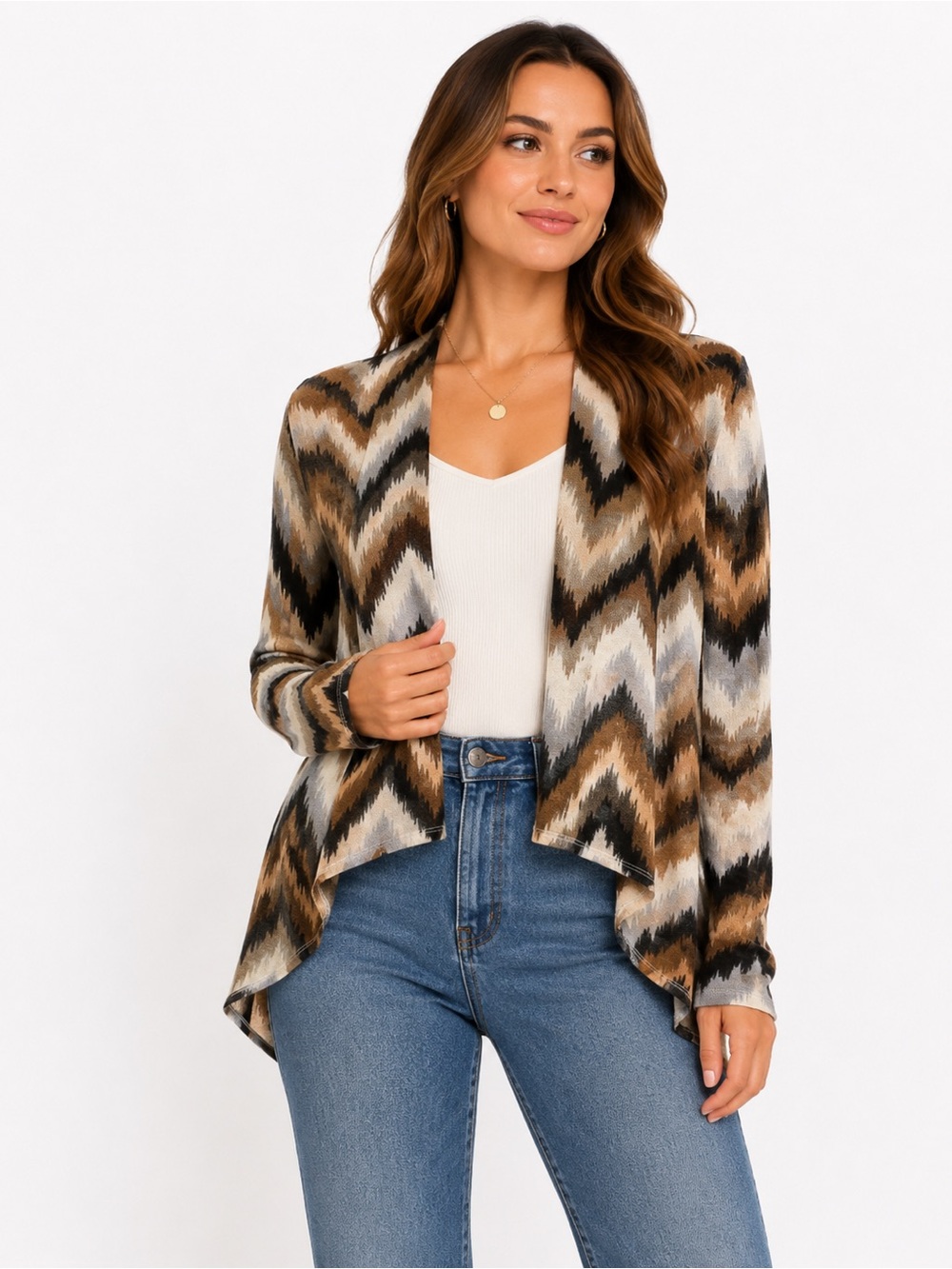 PSE Medium Chevron Open Front Cardigan Duster Neutral Boho